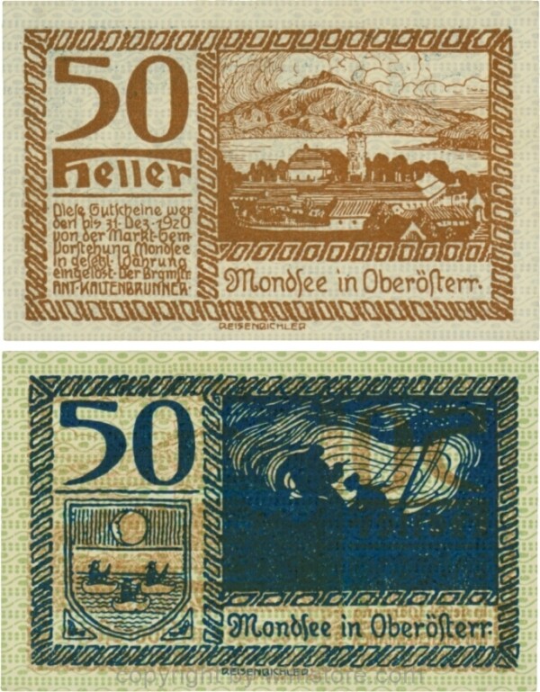 Mondsee, G0626b, 50 Heller, Vorderseite Unterdruck blau, Druck braun; 1-