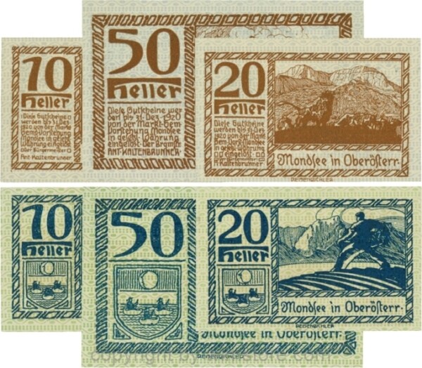 Mondsee, G0626b, Serie 10, 20 und 50 Heller, Vorderseite Unterdruck blau, Druck braun; 1