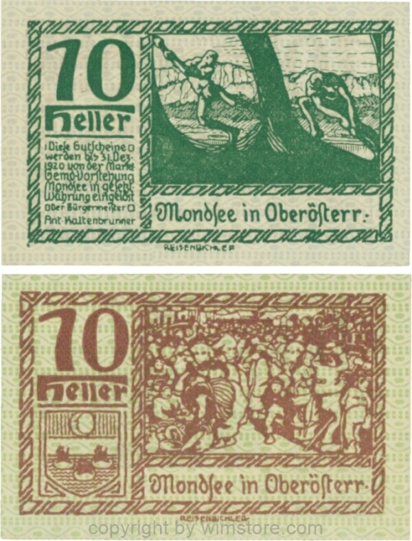 Mondsee, G0626c, 10 Heller, Vorderseite Unterdruck blau, Druck grün; 1-