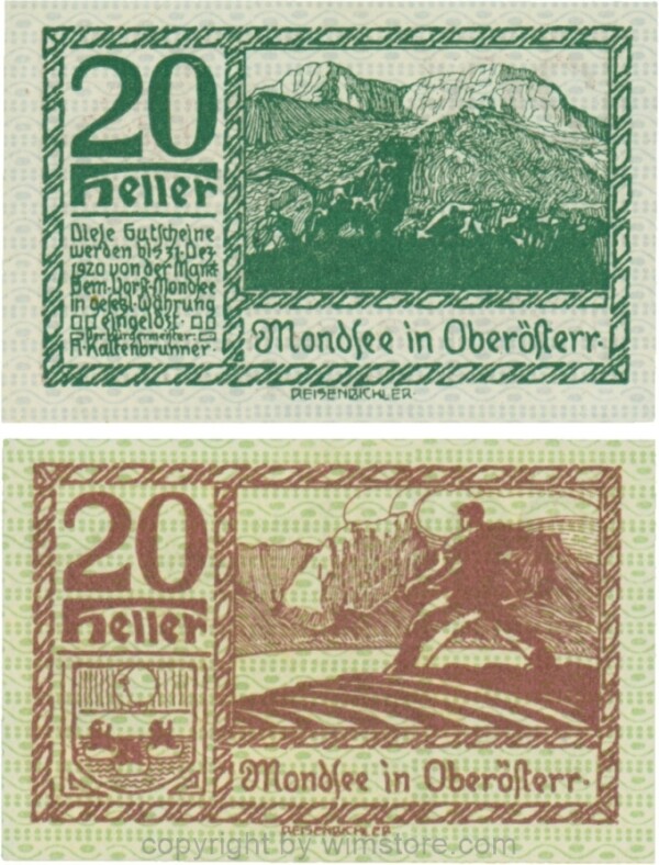 Mondsee, G0626c, 20 Heller, Vorderseite Unterdruck blau, Druck grün; 1