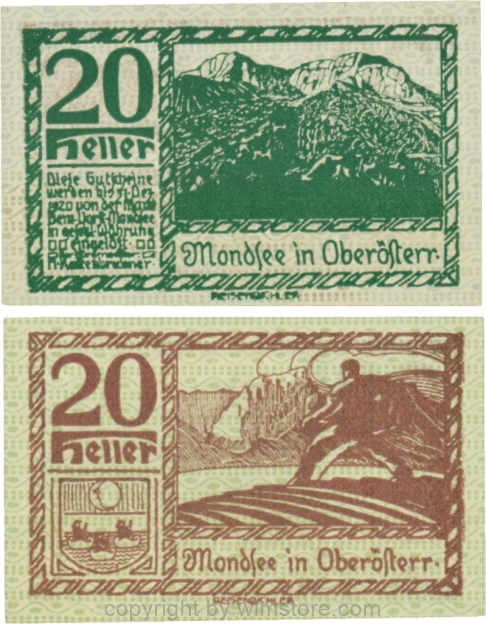 sn109435 Mondsee, G0626c, 20 Heller, Vorderseite Unterdruck blau, Druck grün; 1-