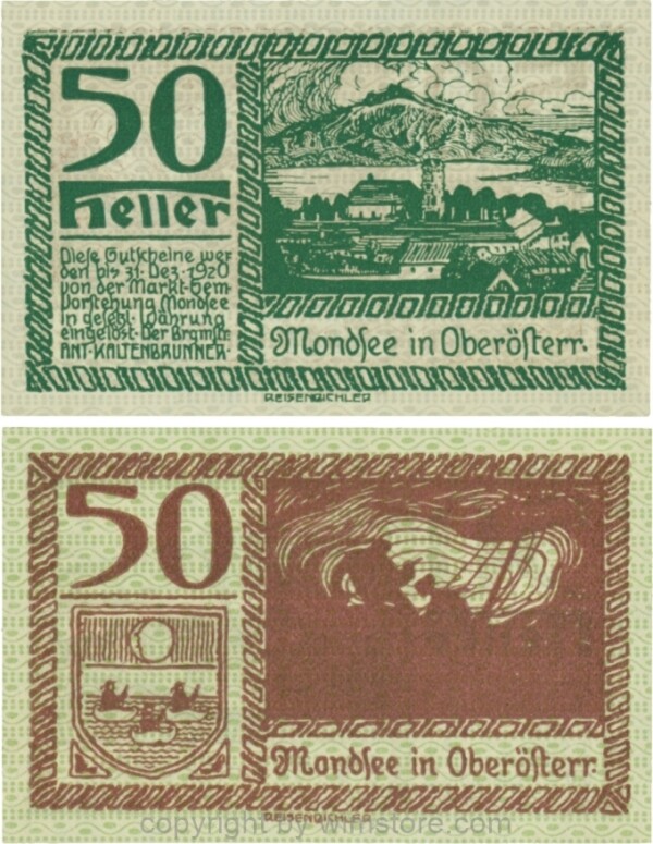 Mondsee, G0626c, 50 Heller, Vorderseite Unterdruck blau, Druck grün; 1