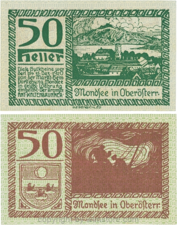 sn109437 Mondsee, G0626c, 50 Heller, Vorderseite Unterdruck blau, Druck grün; 1-