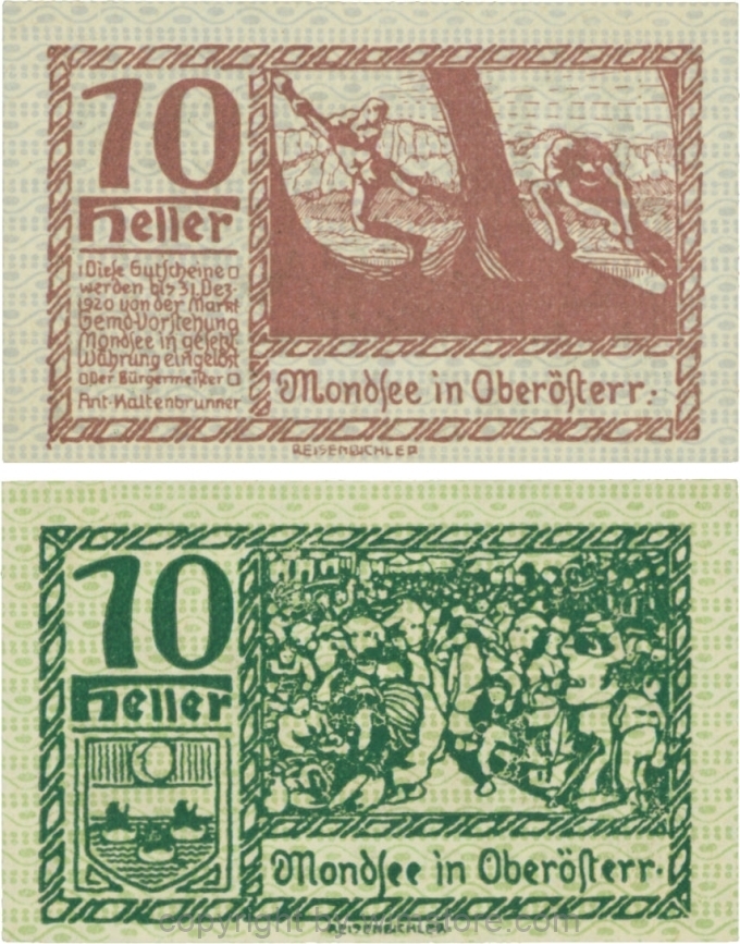 sn109439 Mondsee, G0626d, 10 Heller, Vorderseite Unterdruck blau, Druck violett; 1