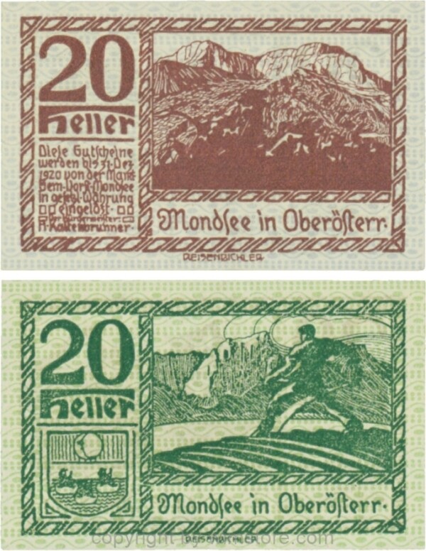 Mondsee, G0626d, 20 Heller, Vorderseite Unterdruck blau, Druck violett; 1