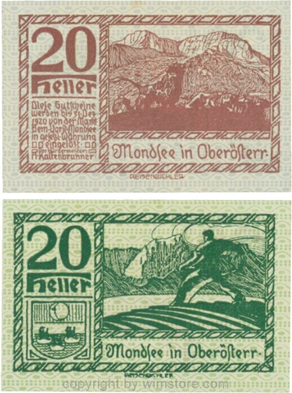 Mondsee, G0626d, 20 Heller, Vorderseite Unterdruck blau, Druck violett; 1-