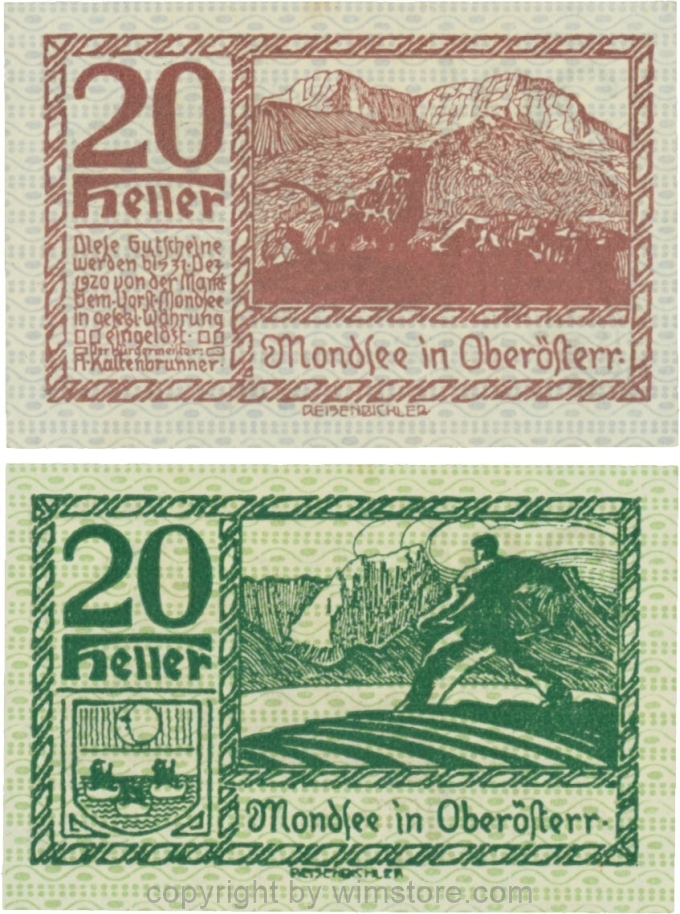 sn109442 Mondsee, G0626d, 20 Heller, Vorderseite Unterdruck blau, Druck violett; 1-