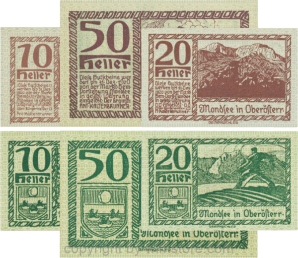 Mondsee, G0626d, Serie 10, 20 und 50 Heller, Vorderseite Unterdruck blau, Druck violett; 1