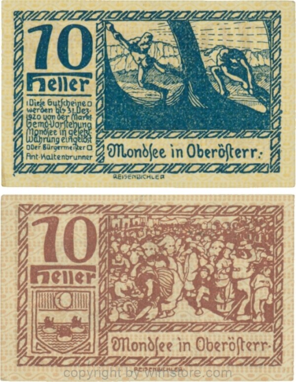 Mondsee, G0626e, 10 Heller, Vorderseite Unterdruck gelb, Druck blau; 1-
