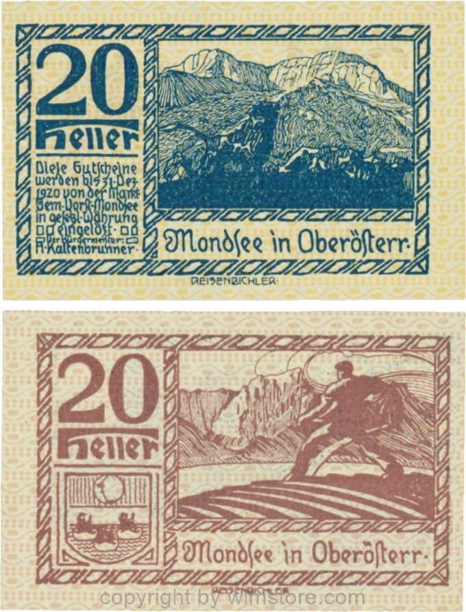 sn109448 Mondsee, G0626e, 20 Heller, Vorderseite Unterdruck gelb, Druck blau; 1