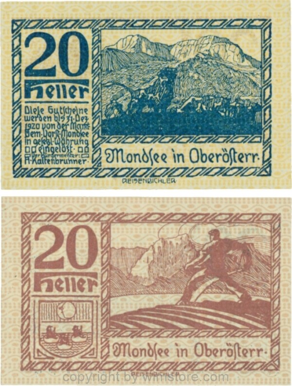 Mondsee, G0626e, 20 Heller, Vorderseite Unterdruck gelb, Druck blau; 1-