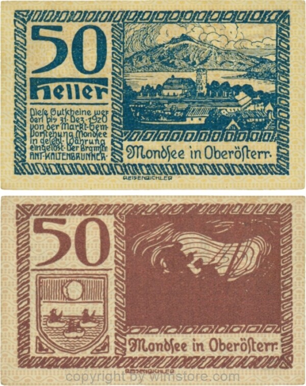 Mondsee, G0626e, 50 Heller, Vorderseite Unterdruck gelb, Druck blau; 1-