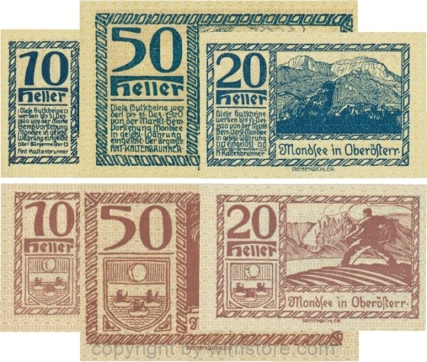 Mondsee, G0626e, Serie 10, 20 und 50 Heller, Vorderseite Unterdruck gelb, Druck blau; 1