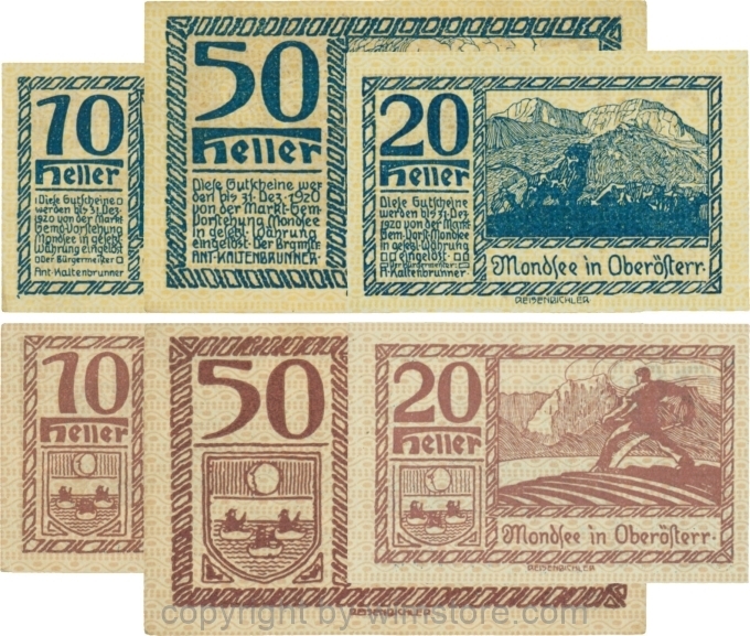 sn109453 Mondsee, G0626e, Serie 10, 20 und 50 Heller, Vorderseite Unterdruck gelb, Druck blau; 1-
