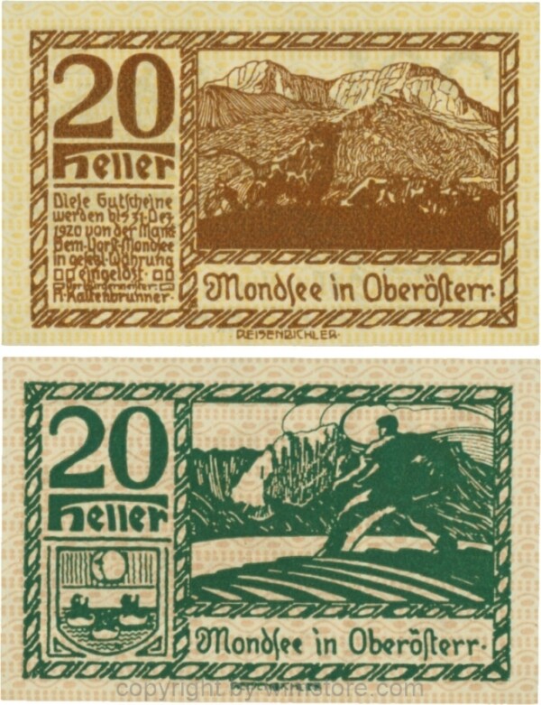 Mondsee, G0626f, 20 Heller, Vorderseite Unterdruck gelb, Druck braun; 1