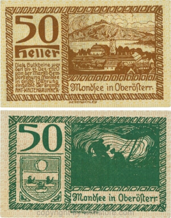 Mondsee, G0626f, 50 Heller, Vorderseite Unterdruck gelb, Druck braun; 1-