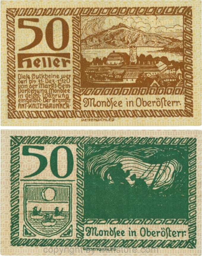 sn109456 Mondsee, G0626f, 50 Heller, Vorderseite Unterdruck gelb, Druck braun; 1-