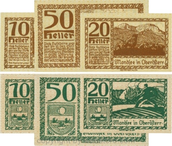 Mondsee, G0626f, Serie 10, 20 und 50 Heller, Vorderseite Unterdruck gelb, Druck braun; 1