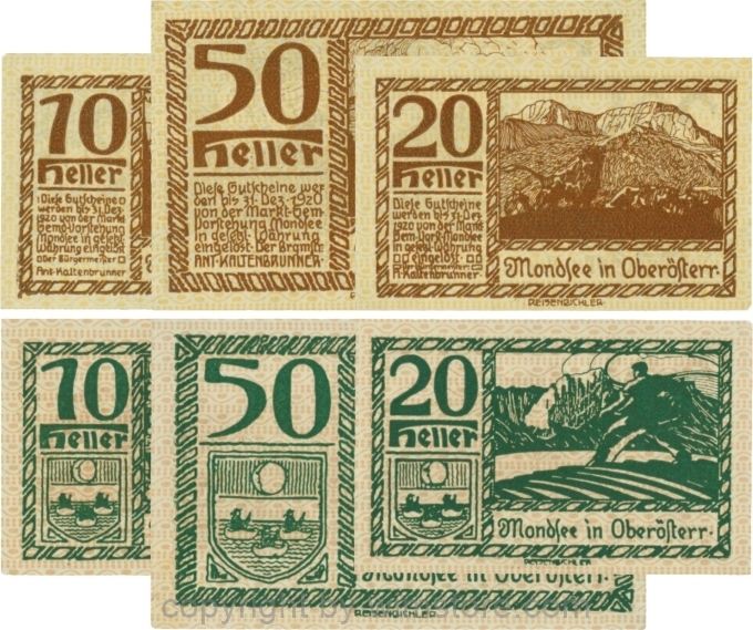 sn109458 Mondsee, G0626f, Serie 10, 20 und 50 Heller, Vorderseite Unterdruck gelb, Druck braun; 1-