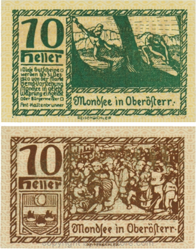 sn109459 Mondsee, G0626g, 10 Heller, Vorderseite Unterdruck gelb, Druck grün; 1