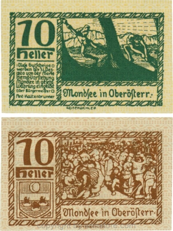 Mondsee, G0626g, 10 Heller, Vorderseite Unterdruck gelb, Druck grün; 1-