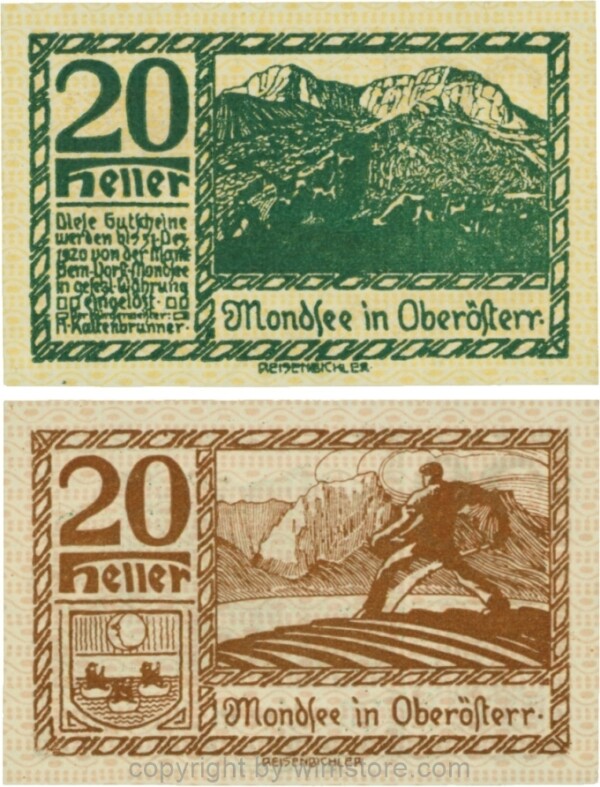 Mondsee, G0626g, 20 Heller, Vorderseite Unterdruck gelb, Druck grün; 1