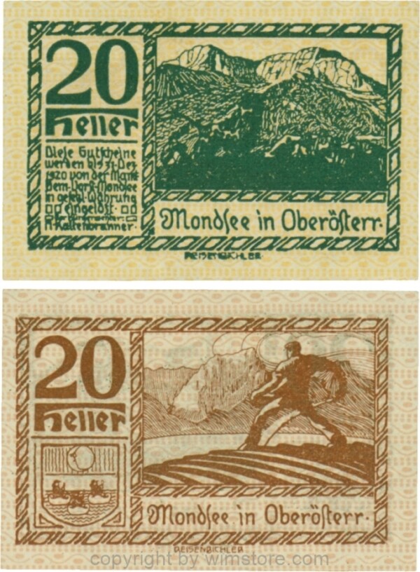 Mondsee, G0626g, 20 Heller, Vorderseite Unterdruck gelb, Druck grün; 1-
