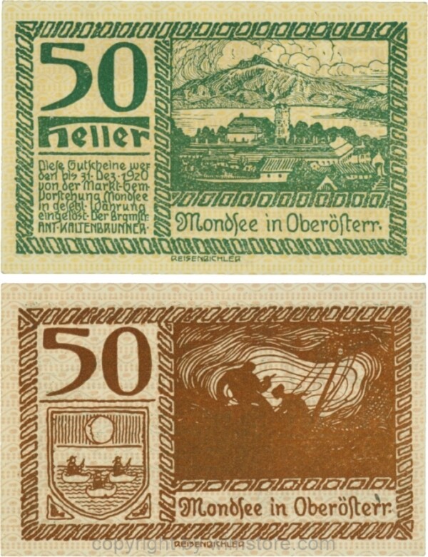 Mondsee, G0626g, 50 Heller, Vorderseite Unterdruck gelb, Druck grün; 1-