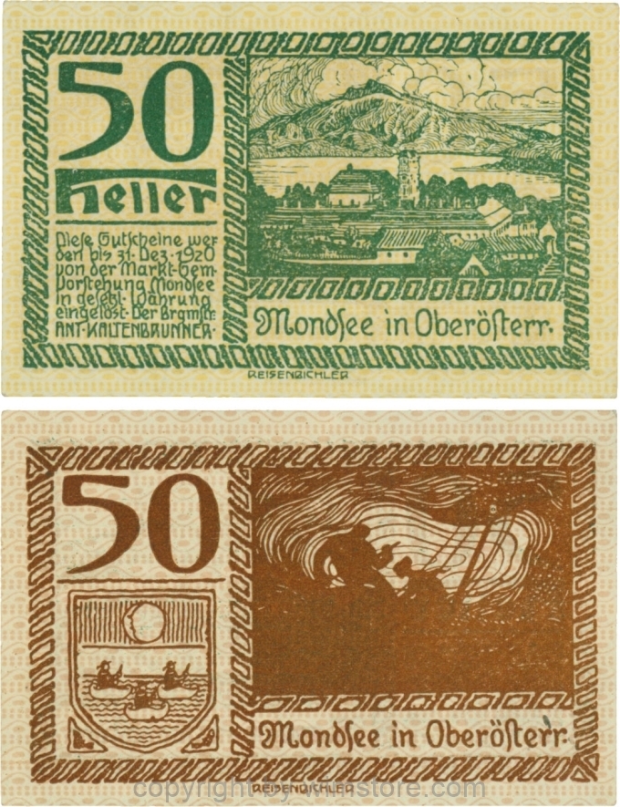 sn109464 Mondsee, G0626g, 50 Heller, Vorderseite Unterdruck gelb, Druck grün; 1-