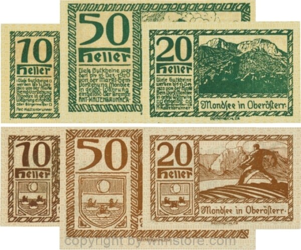 Mondsee, G0626g, Serie 10, 20 und 50 Heller, Vorderseite Unterdruck gelb, Druck grün; 1