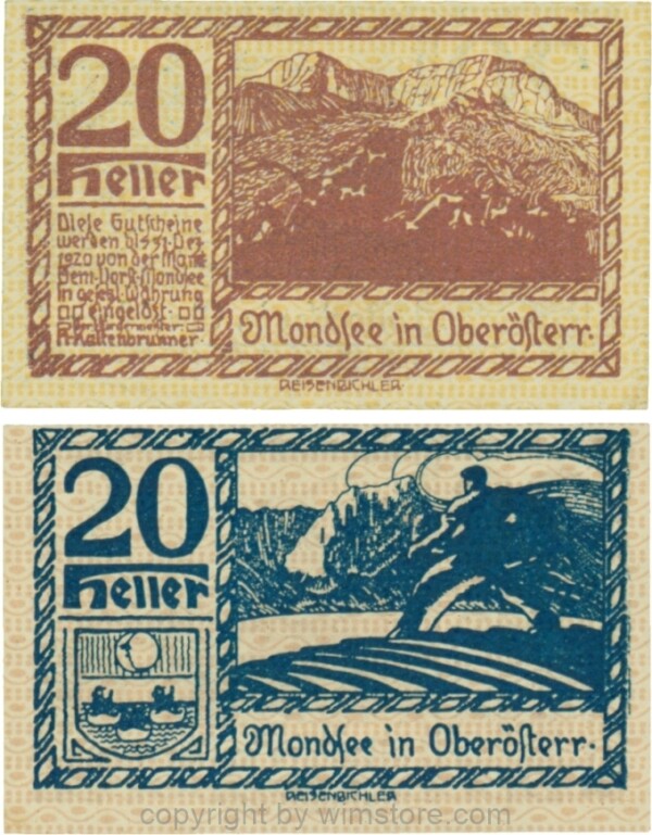 Mondsee, G0626h, 20 Heller, Vorderseite Unterdruck gelb, Druck violett; 1