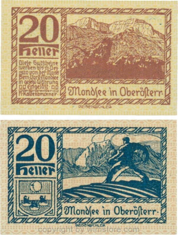 Mondsee, G0626h, 20 Heller, Vorderseite Unterdruck gelb, Druck violett; 1-