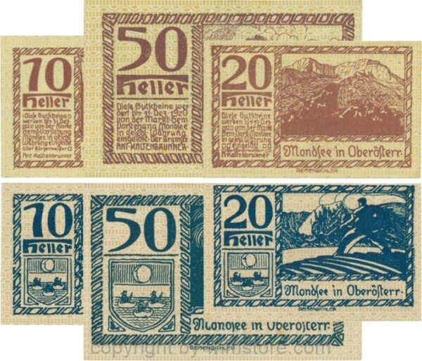 Mondsee, G0626h, Serie 10, 20 und 50 Heller, Vorderseite Unterdruck gelb, Druck viloett; 1