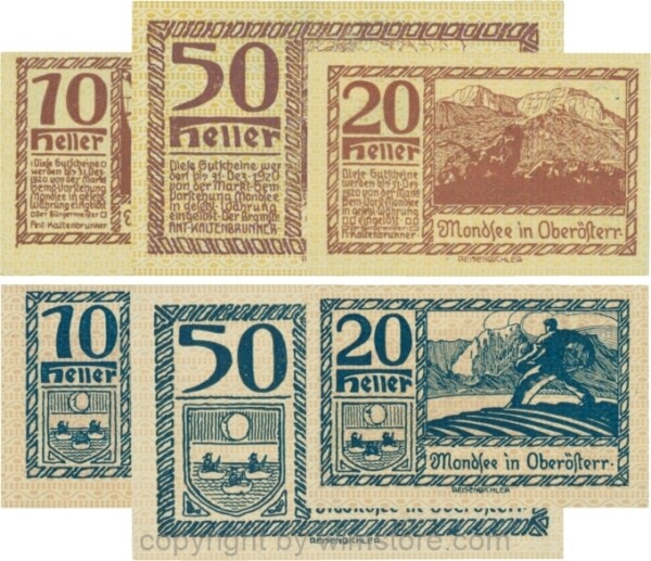 Mondsee, G0626h, Serie 10, 20 und 50 Heller, Vorderseite Unterdruck gelb, Druck viloett; 1-