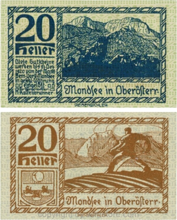 Mondsee, G0626i, 20 Heller, Vorderseite Unterdruck grün, Druck blau; 1-