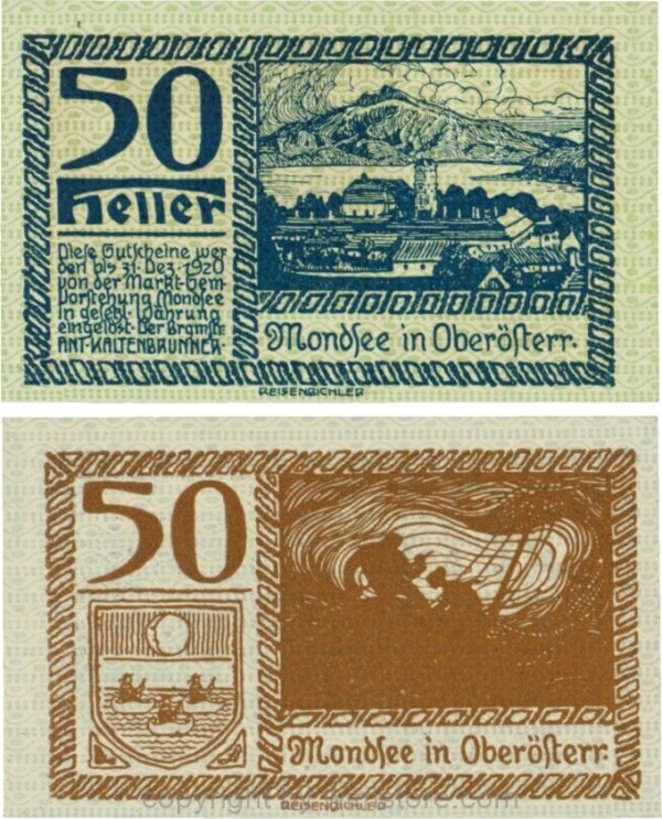 Mondsee, G0626i, 50 Heller, Vorderseite Unterdruck grün, Druck blau; 1-