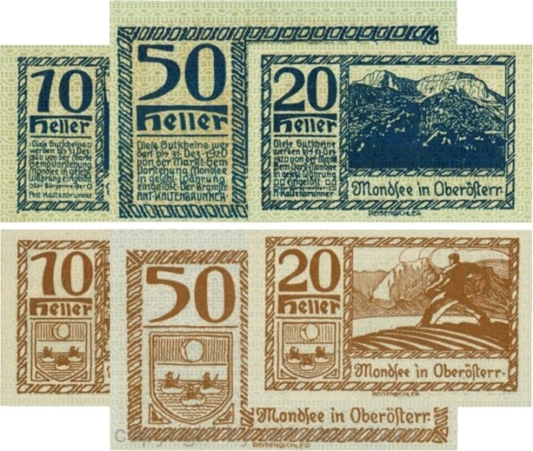 Mondsee, G0626i, Serie 10, 20 und 50 Heller, Vorderseite Unterdruck grün, Druck blau; 1