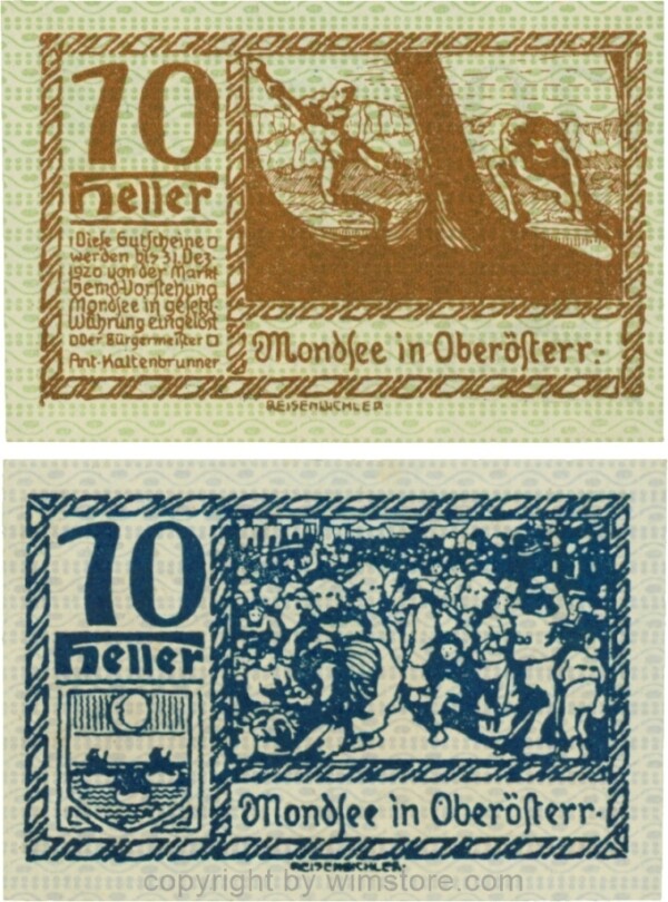 Mondsee, G0626j, 10 Heller, Vorderseite Unterdruck grün, Druck braun; 1-
