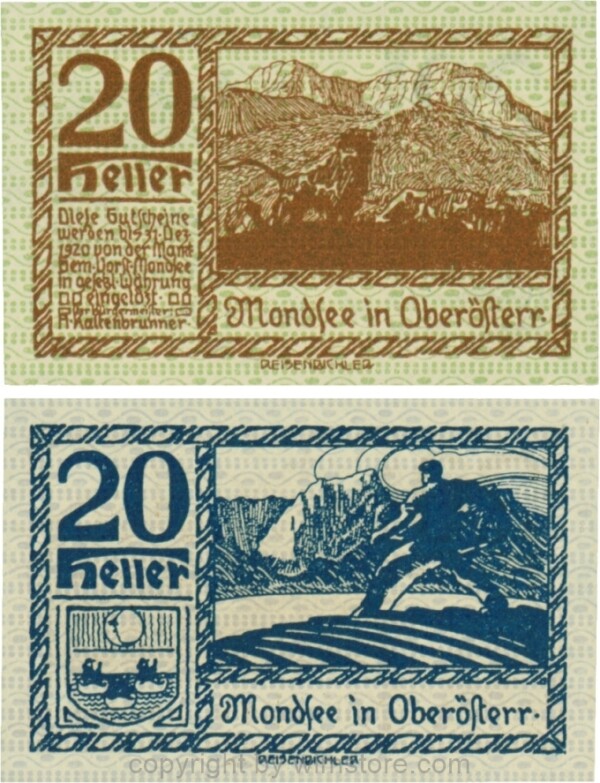 Mondsee, G0626j, 20 Heller, Vorderseite Unterdruck grün, Druck braun; 1