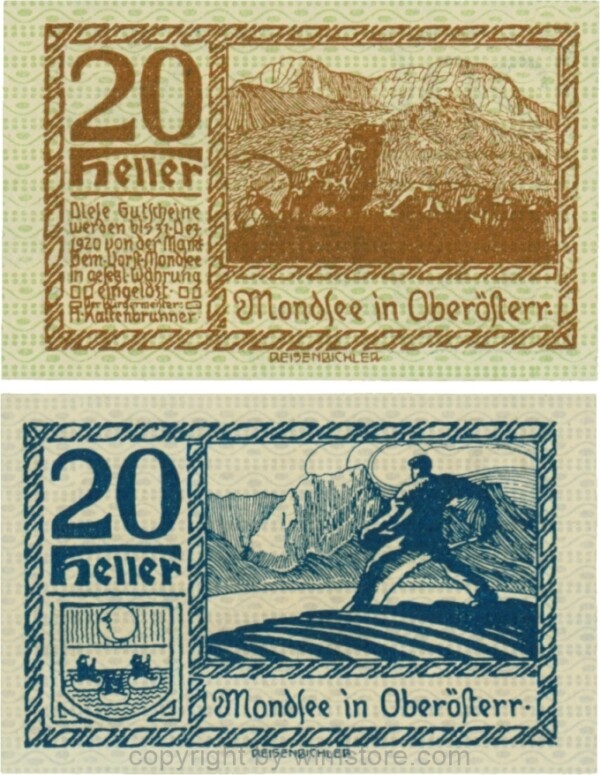 Mondsee, G0626j, 20 Heller, Vorderseite Unterdruck grün, Druck braun; 1-
