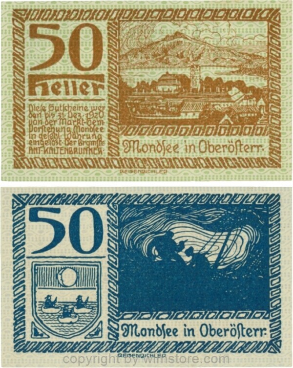 Mondsee, G0626j, 50 Heller, Vorderseite Unterdruck grün, Druck braun; 1