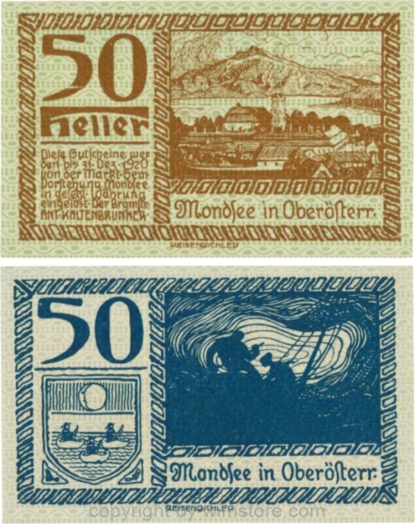 Mondsee, G0626j, 50 Heller, Vorderseite Unterdruck grün, Druck braun; 1-