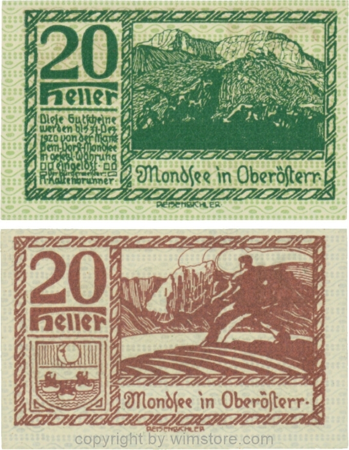 sn109490 Mondsee, G0626k, 20 Heller, Vorderseite Unterdruck grün, Druck grün; 1