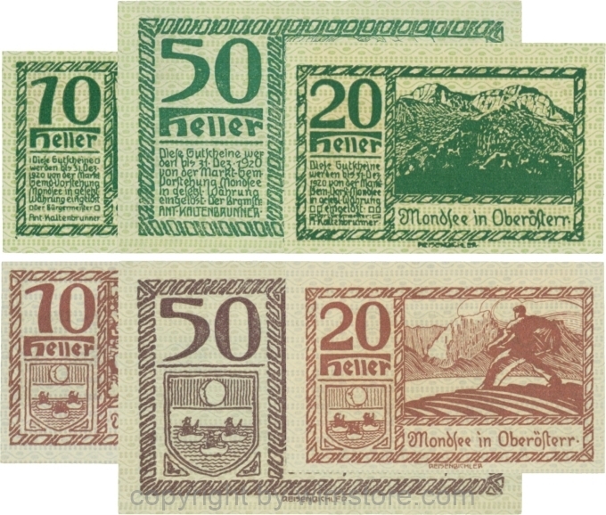 sn109495 Mondsee, G0626k, Serie 10, 20 und 50 Heller, Vorderseite Unterdruck grün, Druck grün; 1-
