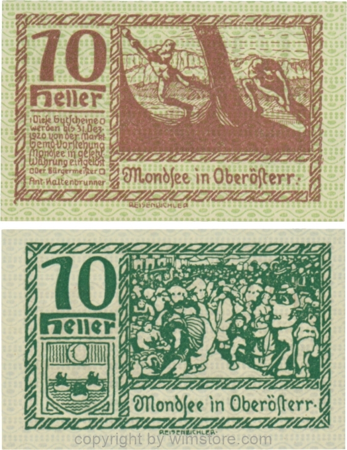 sn109496 Mondsee, G0626l, 10 Heller, Vorderseite Unterdruck grün, Druck violett; 1