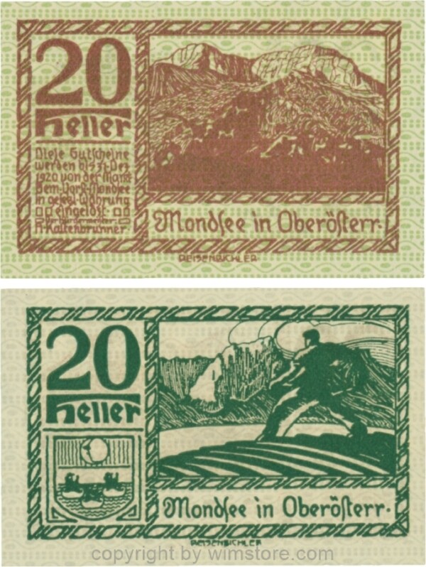 Mondsee, G0626l, 20 Heller, Vorderseite Unterdruck grün, Druck violett; 1