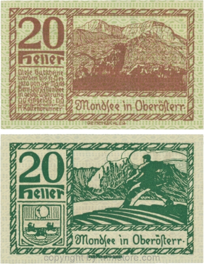 sn109499 Mondsee, G0626l, 20 Heller, Vorderseite Unterdruck grün, Druck violett; 1-