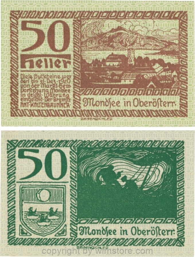 sn109500 Mondsee, G0626l, 50 Heller, Vorderseite Unterdruck grün, Druck violett; 1