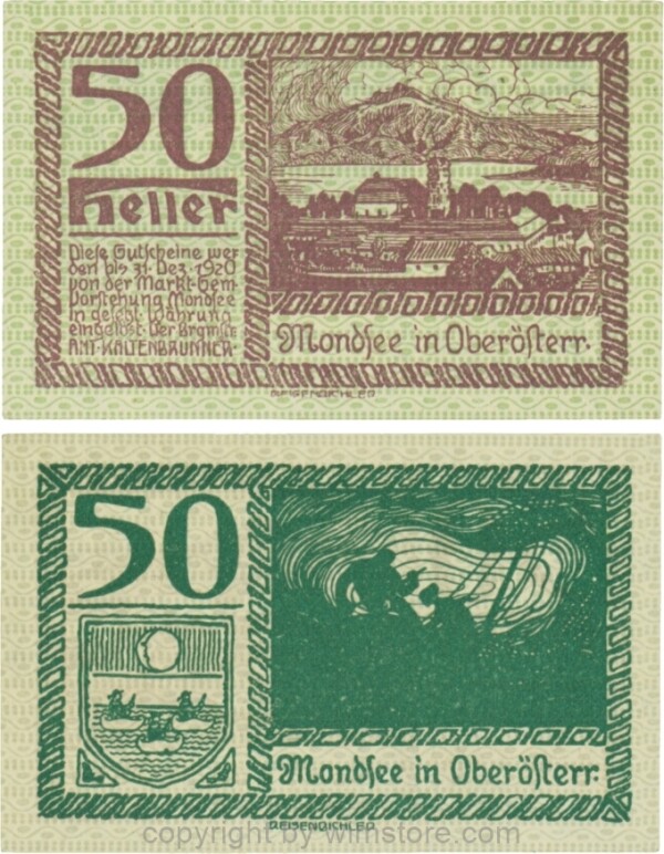 Mondsee, G0626l, 50 Heller, Vorderseite Unterdruck grün, Druck violett; 1-