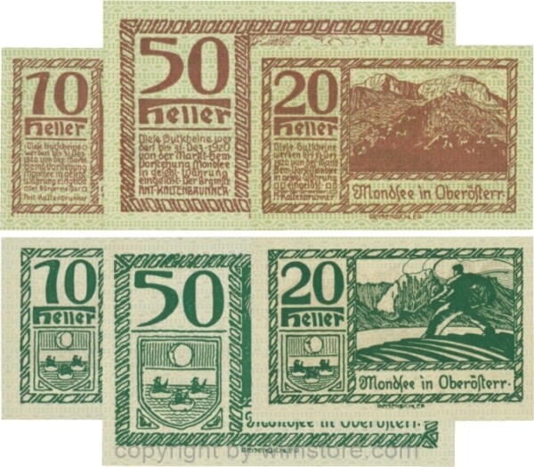 Mondsee, G0626l, Serie 10, 20 und 50 Heller, Vorderseite Unterdruck grün, Druck violett; 1